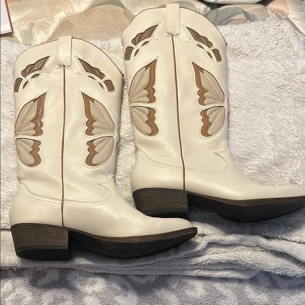 Altar'd State Cream and Brown Heeled Boots with Western Flair